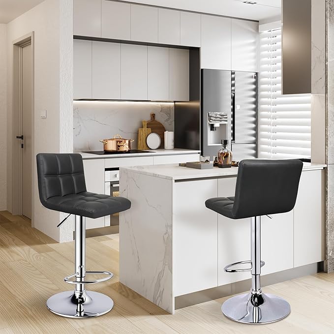 6-Squares Back with Double Needle Adjustable Bar Stools, Set of 2, Black