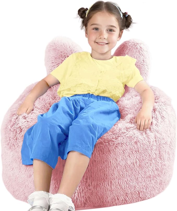 Bean Bag Chair for Kids with Plush Faux Fur Cover, 2.5FT Memory Foam Filled Bean Bag for Teens & Kids, Lazy Sofa for Living Room/Bedroom/Dorm, Rabbit-Ears Design