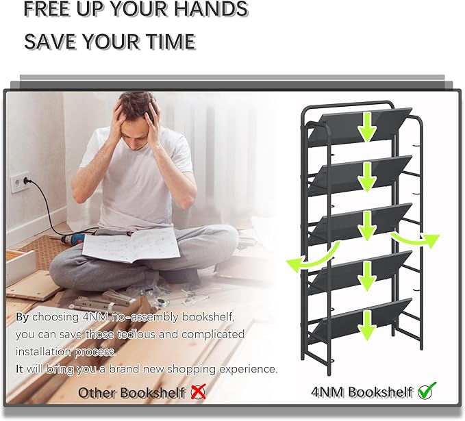 4NM No Assembly Folding Bookshelf 5 Tiers Vintage Industrial Black Book Shelf Metal Foldable Storage Bookcase and Bookshelves for Living Room,Bedroom and Kitchen - Black