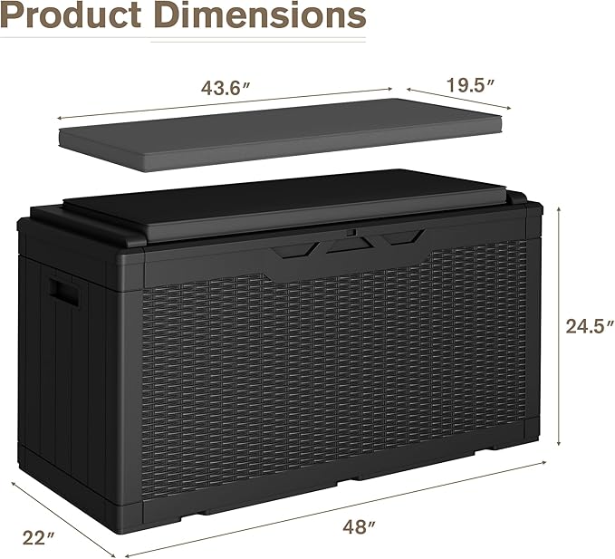 JUMMICO 100 Gallon Resin Deck Box with Cushion, Waterproof Outdoor Storage Box with Lockable Lid for Garden Tools, Patio Cushions (Black)