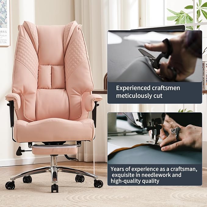 Big and Tall Office Chair 400lbs Wide Seat, Leather High Back Executive Office Chair with Foot Rest, Ergonomic Chairs Lumbar Support for Lower Back Pain Relief (Light Pink)