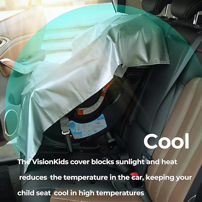 VisionKids Baby Car Seat Sun Shade Cover with Free Storage Bag Included | Infant Car Seat Heat Protector | UV Protection Cooler Cover | Keeps Toddler Seat Cool in Baby Car | Travel Accessories Silver