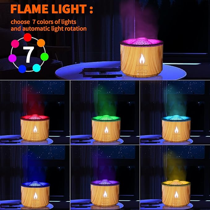 BOHOFAM Aroma Essential Oil Diffuser 360 ML,Volcano and Flame Diffuser/Humidifier,Give1.76 oz Hotel Collection Diffuser Oils,7 Colorful Light Change,Diffusers for Home,Large Room(Wood Grain)