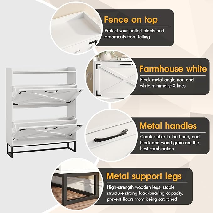 Maupvit Shoe Storage Cabinet with 2 Flip Drawers, Freestanding Organizer with Metal Legs for Entryway, Narrow Shoe Rack Cabinet, Black White