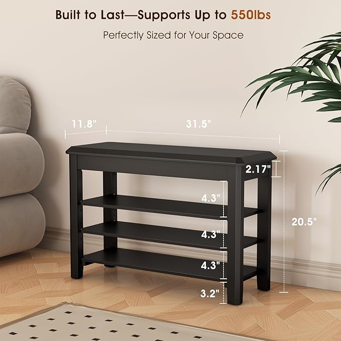 Shoe Rack Bench Seat Rubberwood 3-Tier Wooden Storage Bench 550lbs Compact Mid-Century Modern Design for Entryway, Hallway, Closet, Front Door Entrance, Foyer