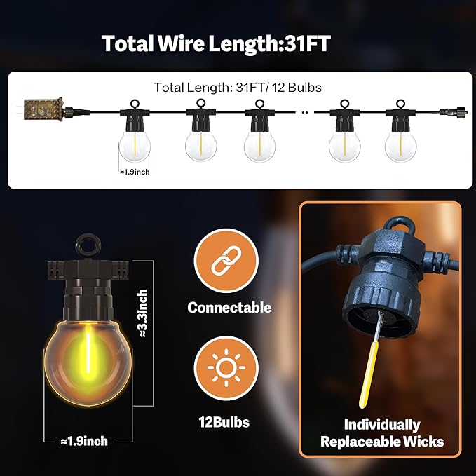31FT Outdoor String Lights with Remote, 12 Dimmable Shatterproof LED G50 Bulbs, Waterproof Patio & Backyard Lights for Pergola, Deck, Garden, Bistro, Commercial Grade Hanging Lights