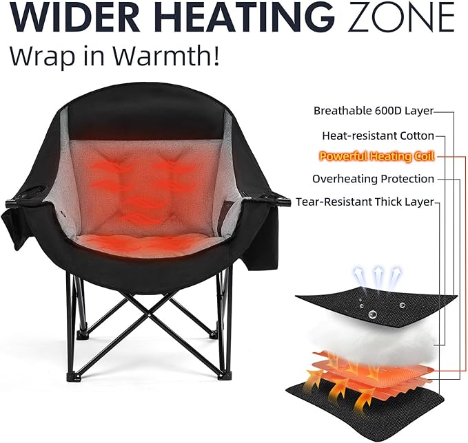 Heated Oversized Camping Chair - Heavy Duty Padded Folding Camping Chairs for Adults with Cooling Bag, Side Pocket, Cup Holder and Carry Bag for Outdoor Sports Lawn Fishing Garden Portable