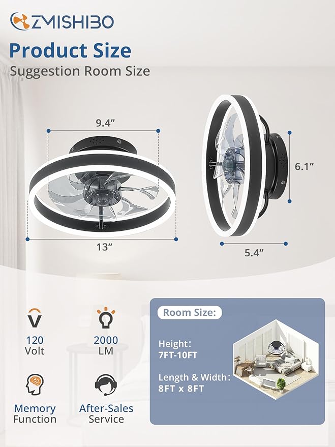 ZMISHIBO Low Profile Ceiling Fans with Lights and Remote, 13 Inch Fandelier Ceiling Fan with Light, Black Modern Flush Mount Ceiling Fan, Small Dimmable LED Fan Lights for Bedroom
