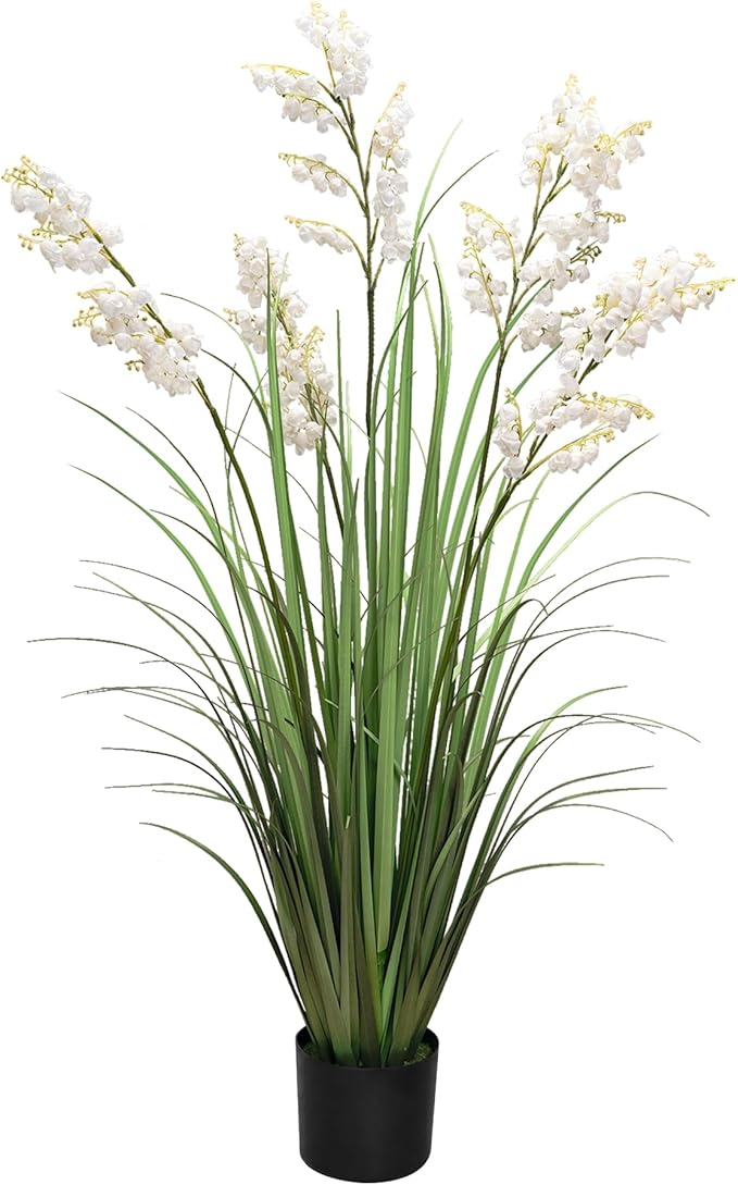 Artificial Tall Grass Plants with Pots 47“ 1 Pack Lily of The Valley Artificial Grass Home Interior Decorating and Outdoor Garden Decorations（White）