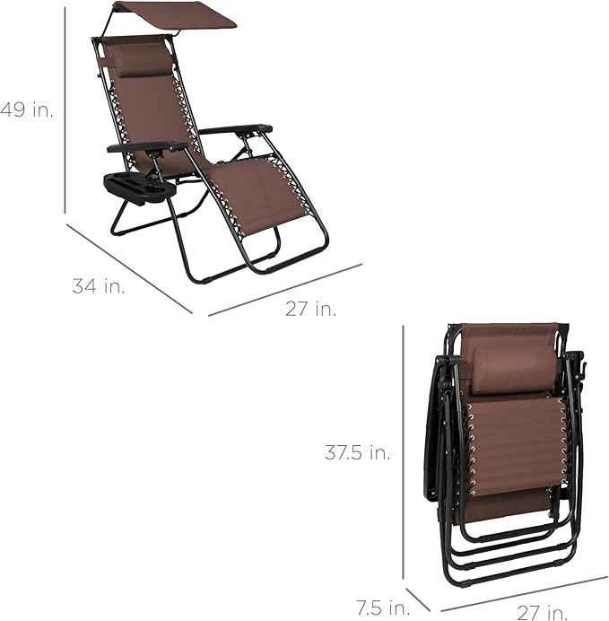 Best Choice Products Folding Zero Gravity Outdoor Recliner Patio Lounge Chair w/Adjustable Canopy Shade, Headrest, Side Accessory Tray, Textilene Mesh - Brown