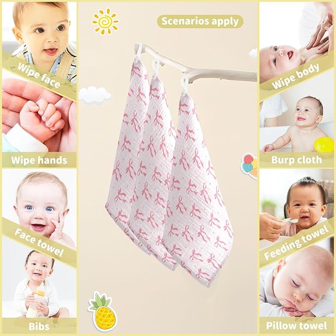 Bow Baby Washcloths Newborn Muslin Burp Cloths 3 Pack Soft Cotton Baby Face Bath Towel Drool Bibs for Infants, Girls and Boys 11.8 x 11.8 Inch