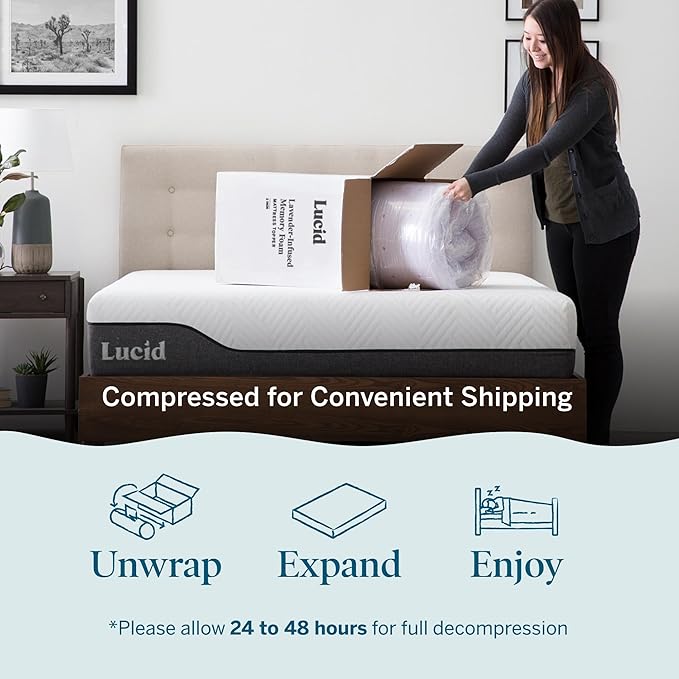 Lucid 4 Inch Lavender Infused Memory Foam Mattress Topper - Ventilated Design – Pressure Relieving Bed Topper - Mattress Pad – CertiPur Certified - Full Size