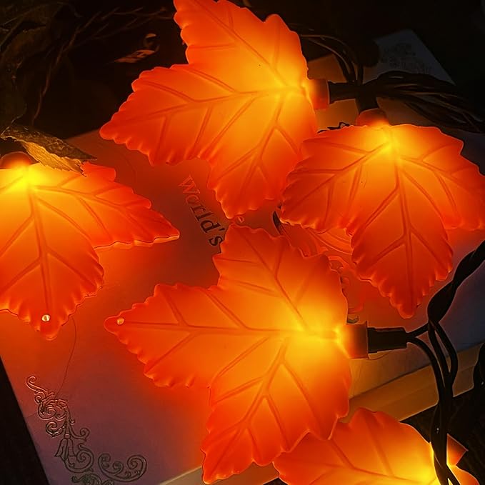 Fall Decorations Lights, 8.5Ft Outdoor Thanksgiving Decorations Lights with 10 LED Orange Maple Leaves Light, Hanging Orange Halloween String Light for Home Garland Autumn Harvest Thanksgiving Decor