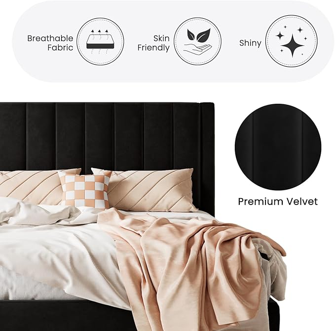 SHA CERLIN Twin Bed Frame/Velvet Upholstered Platform Bed Frame with Headboard/Strong Wood Slats Support/Mattress Foundation/No Box Spring Needed - Black