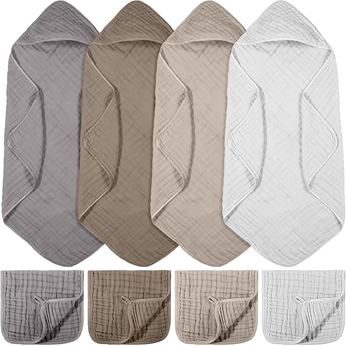 VitalCozy 8 Pcs Baby Muslin Hooded Bath Towels and Washcloths Muslin Cotton Hooded Baby Towels Absorbent Blankets for Gift Newborn Infant Shower (32 x 32 Inch,Neutral Colors)