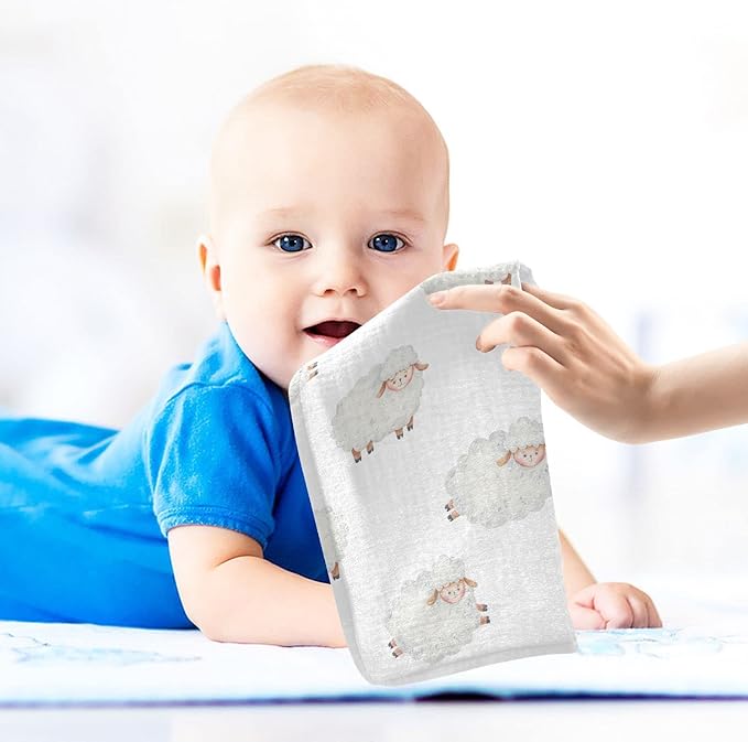 vvfelixl Baby Washcloths Cotton Cute Curly Lamb Muslin Count Sheep Soft Face Towel for Newborn Infants Wipes, 11.8 X 11.8 Inch, 5 Pack White