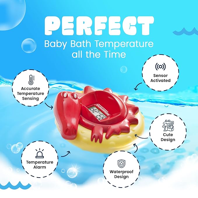 Aquatopia Charlie Crocodile Baby Bath Thermometer with Digital Audible Alarm, Floating Toy, Beeps Too Hot or Too Cold, Red