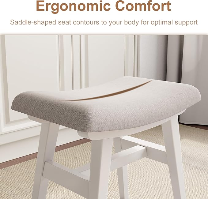Solid Wood Small Vanity Stool, Compact Makeup Chair with Saddle Cushion, Linen-Covered High Rebound Sponge Seat, Easy Assembly Footstool for Bedroom, Entryway, Home, White