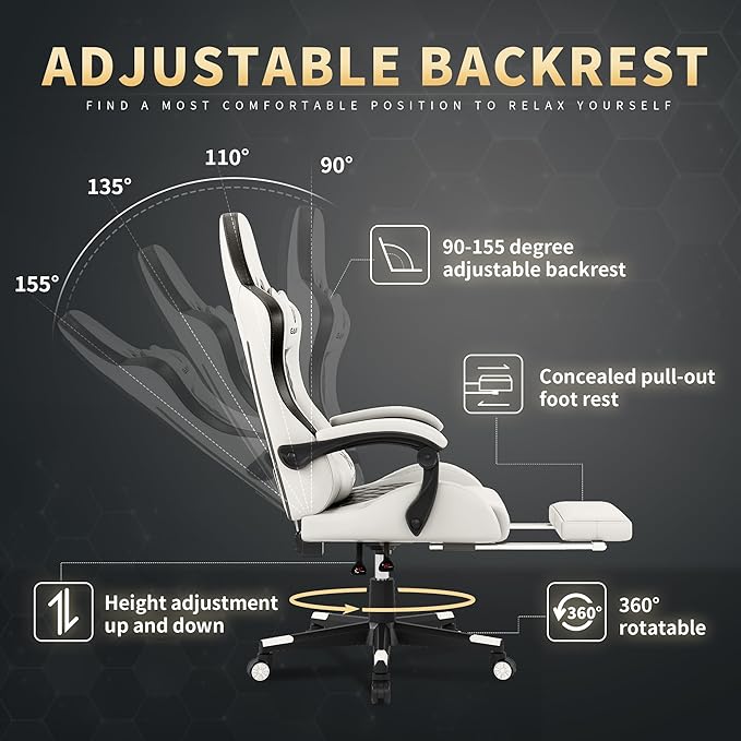 Gaming Chair, 400 lbs Adult Chair, High Back Computer Chair with Footrest and Linked Armrests, Office Video Game Chair with Lumbar Support(White)