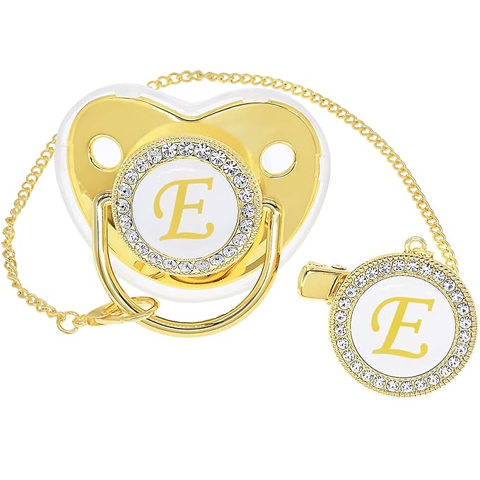 Bling Personalized Golden Baby Pacifier with Pacifier Clips and Anti-dust Cover A-Z 26 Letters(Gold,E)