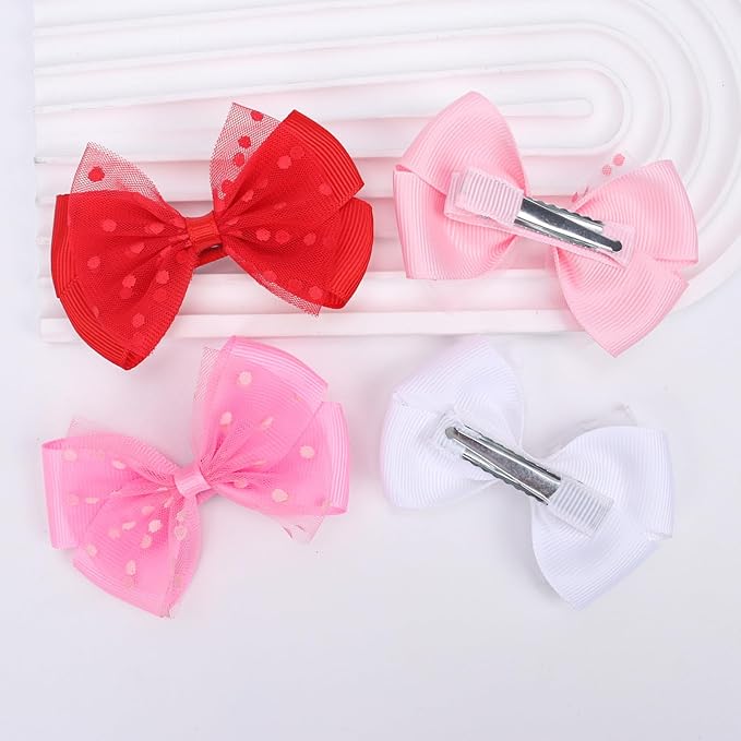 Tiny 3 Inch Dot Organza Double Hair Bow Clips - Cute Lined Boutique Alligator Hairpin for Girls, Toddlers, and Little Teens - Kids Barrettes Set of 2 Small Stylish (Hot Pink)