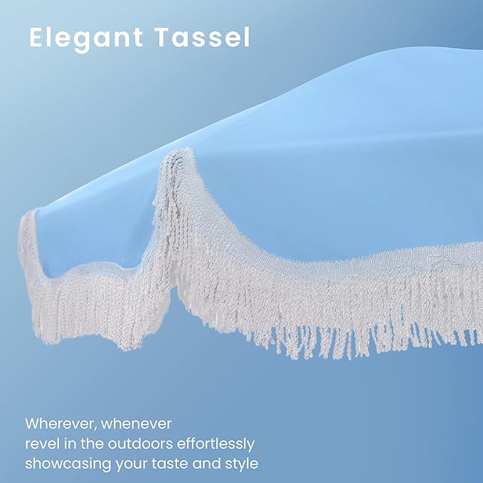 PHI VILLA 7ft Beach Umbrella with Fringe & Sand Anchor, Outdoor Patio Heavy Duty Windproof Portable Tassel Umbrellas for Sand with Push Button Tilt & Carrying Bag, UPF 50+, Light Blue (No Base)