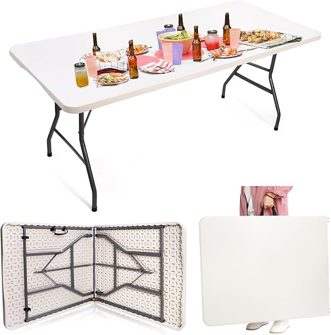 Goaste 6 Foot Folding Table, Portable Plastic Dining Table, Fold-in-Half Heavy Duty Table Indoor Outdoor for Camping, Picnic, Party, BBQ, Wedding, White