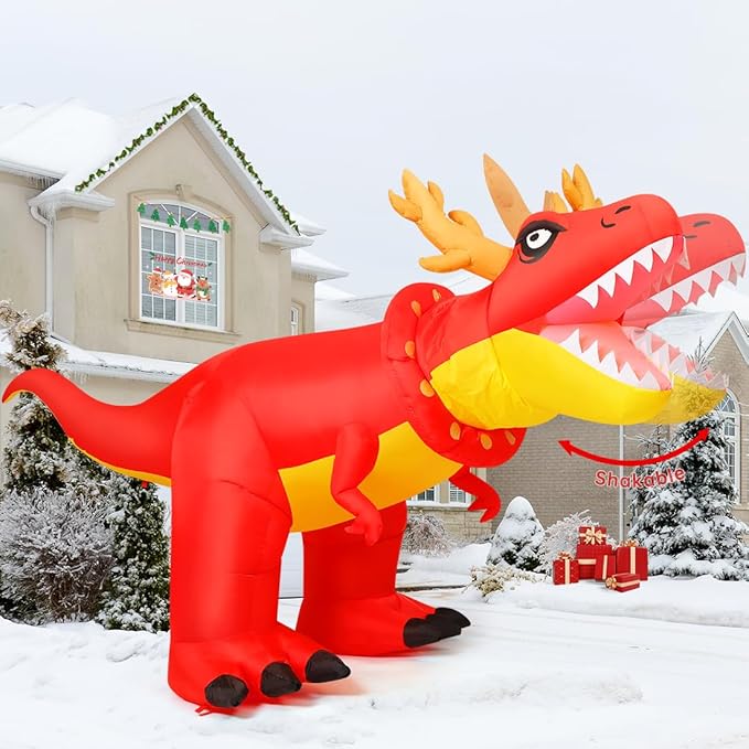COMIN 9.5FT Christmas Inflatables Dinosaur Outdoor Yard Decoration Xmas Shakable Dino Blow Up with Built-in LEDs for Indoor Party Lawn Garden Decor
