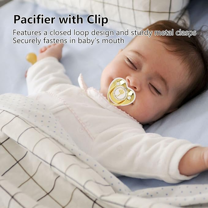 Personalized Golden Letter Baby Pacifier with Clips, Anti-Dust Cover, Bling Design for Newborn Photography, Letter J