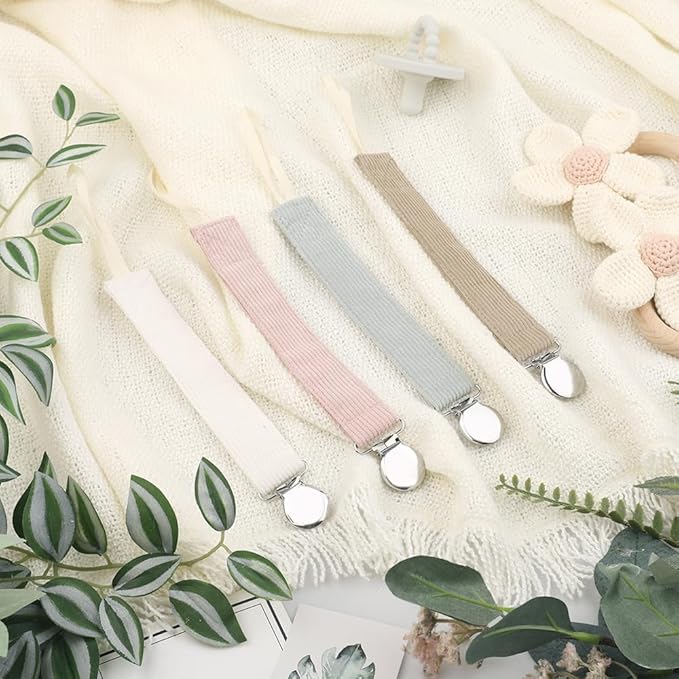 Pacifier Clip for Baby Boy and Girl, Linen Soft Fabric Strap, Pacifier Leash Holder Binky Clip, Striped Soothie Holder Unisex