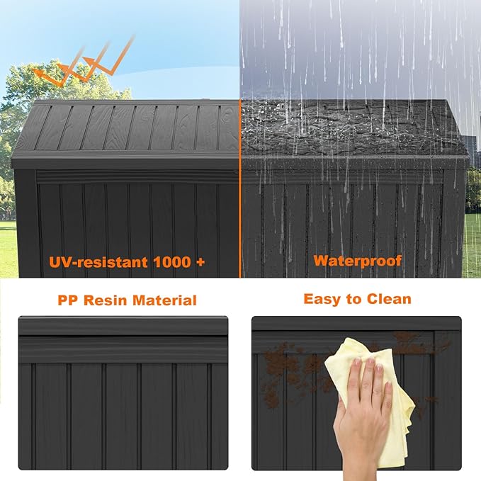 180 Gallon Resin Deck Box, Lockable Patio Outdoor Storage Box for Furniture, Garden Tools and Tools Storage, Waterproof Outside Storage Boxes - Black