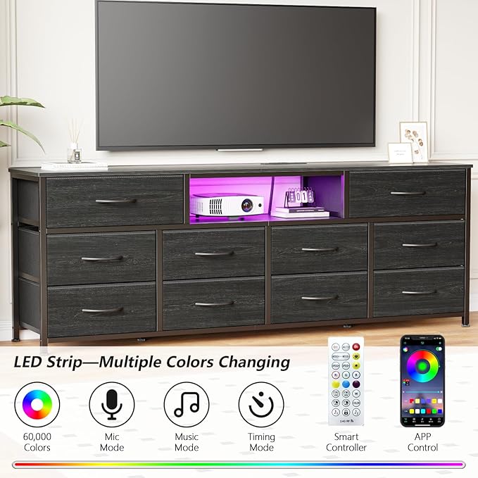 Furnulem 63” Long Dresser for Bedroom, TV Stand for 65 to 75 inch TV, Black Dresser with 10 Fabric Drawers, Chest of Drawer for Closet, Entertainment Center with Power Outlet & LED Light