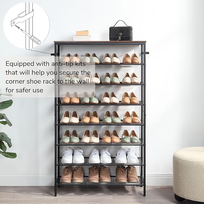 8-Tier Shoe Rack Organizer, Metal Mesh Shoe Storage Shelf, for Entryway, Hallway, Closet, Dorm Room, Industrial, Rustic Brown
