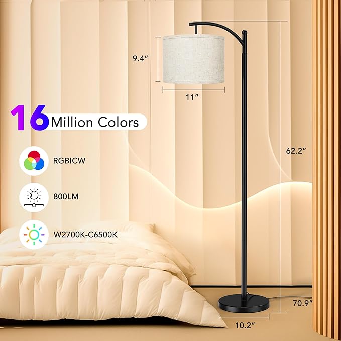 Floor Lamps with Matter Smart Light Bulb, RGB + Color Temperatures Bright Dimmable Smart Floor lamp, Living Room Standing Tall Industrial Floor Lamp (Beige Lampshade Included) -Black