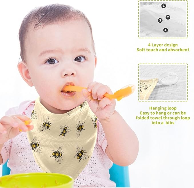 Bee Baby Washcloths Newborn Muslin Burp Cloths 3 Pack Soft Cotton Baby Face Bath Towel Drool Bibs for Infants, Girls and Boys 11.8 x 11.8 Inch