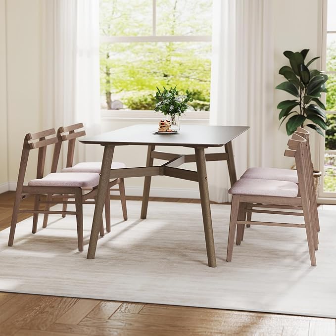 VESCASA 5-Piece Dining Set, 59" L Smokey Taupe Rectangle Wood Dining Table with 4 Curved Back Light Brown Chenille Grey Wood Dining Chairs for Dining Room, Kitchen, Restaurant, Dining Set for 4