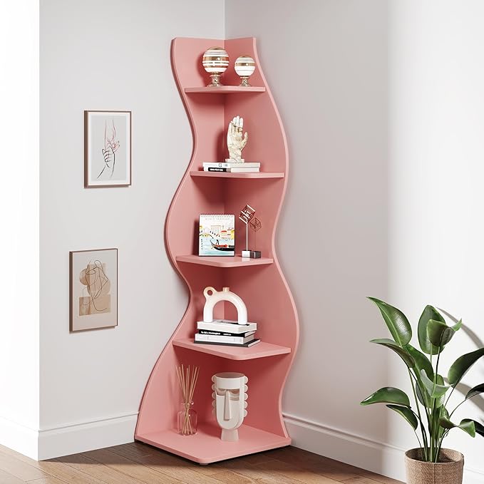 Tribesigns Corner Shelf, Modern 5-Tier Wall Corner Bookshelf, Stylish Corner Small Bookcase Storage Rack Plant Stand with Unique Shape for Living Room, Home Office (Pink, 1PC)