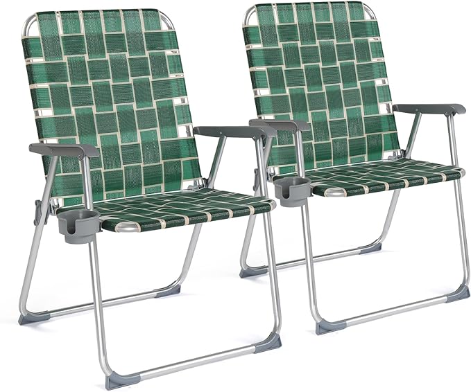 VINGLI Folding Webbed Oversized Lawn Chairs with Detachable Cup Holder, 300 LBS High Beach Chair for Adults Heavy Duty, Portable Aluminum Patio Chair for Yard, Garden, 2 Pack,Dark Green