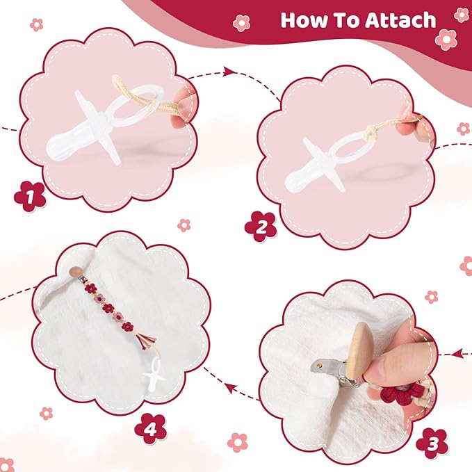 Pacifier Clip for Boys Girls Floral Daisy Macrame Baby Paci Clip Pacifier Holder Leash Boho Wooden Clips Handmade Braided Cotton Binky Clips (1pack:Red Daisy)