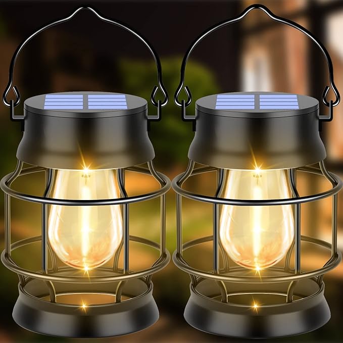 UBright 2 Pack Solar Lantern Lights Outdoor Waterproof Metal Hanging Solar Lights for Outside Retro Design with Edison Bulb Outdoor Lanterns Decorative for Patio Porch Garden Lawn