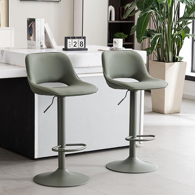 YOUNIKE Bar Stools Set of 2 Modern Swivel Barstools, Adjustable Counter Height Bar Stools Faux Leather Upholstered Counter Stools with Hollow Back for Kitchen Island, All Olive Green