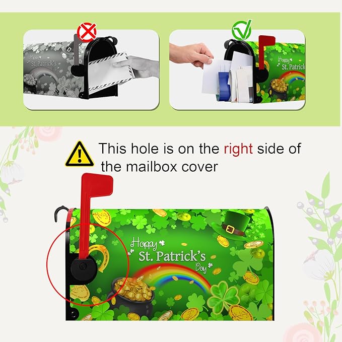 St Patrick Mailbox Covers Green Shamrocks Rainbow Gold Coin Magnetic Mailbox Post Cover Four Leaf Clover Hat Mailbox Wraps Decor Happy St.Patrick's Day Waterproof Standard Size 21X18 inch