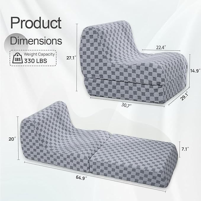 Bean Bag Chair with Checkerboard Shaker Fleece Fabric, Folding Sofa Bed, Floor Sleeper Lounge Chair, Lazy Sofa for Living Room, Bedroom, Apartments (Cement Gray)