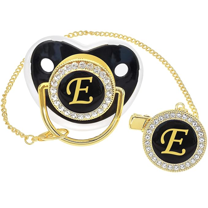 Bling Personalized Black Baby Pacifier with Pacifier Clips and Anti-dust Cover A-Z 26 Letters(Black,E)