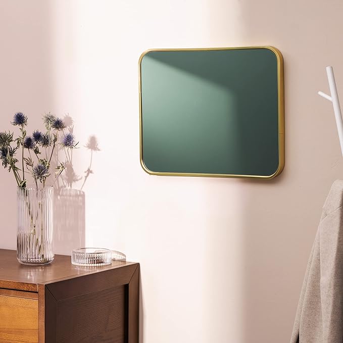 Navaris Rectangular Wall Mirror - 40 x 50 cm (16 x 20 in) Wall-Mounted Mirror with Gold Metal Frame - for Living Room Bedroom Bathroom - Horizontal or Vertical