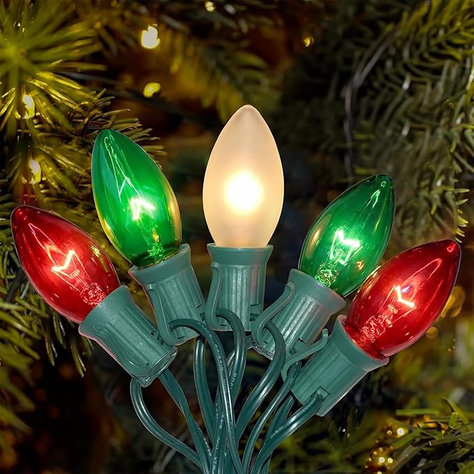 25Ft C9 Christmas Multicolor String Lights, Vintage Christmas Lights with 27 C9 Clear Red/Green/Frosted White Bulbs, Outdoor Hanging Patio Lights for Xmas Tree Path Roofline Wedding Party Decoration