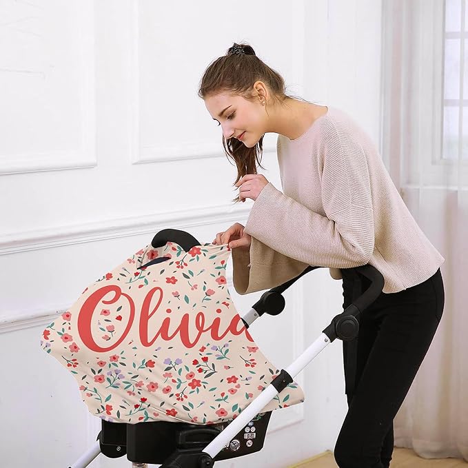 Custom Name Car Seat Canopy - Baby Car Seat Covers, Infant Stroller Cover, Red Pattern Carseat Canopy Christmas Birthday Gifts for Girls and Boys