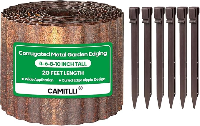 Corrugated Metal Garden Edging,Sturdy Tall Landscape Edging Borders with 6pcs Anchor Stakes, Perfect DIY for Flower Beds, Lawn and Pathway,Tree Surrounds,Paver Edges (Pre-Rusted 8"×20FT)