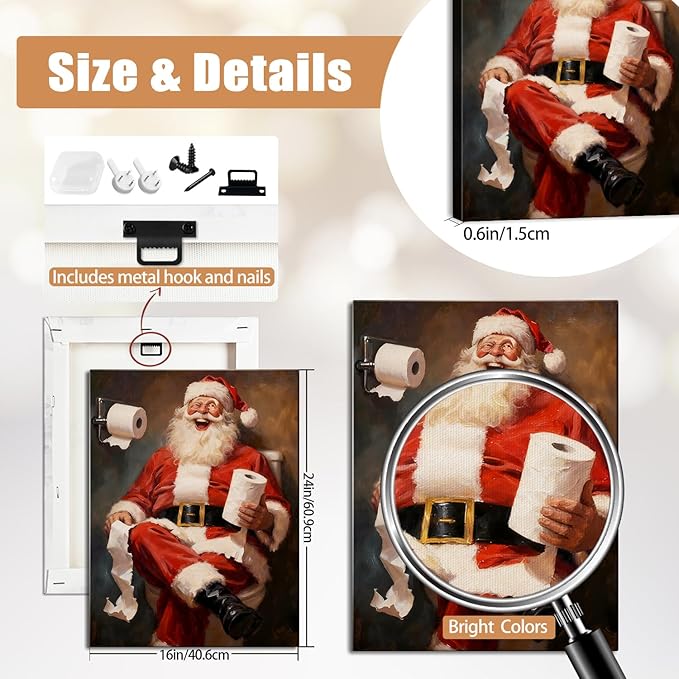 Comical Santa Claus Christmas Canvas Wall Art - Humorous Office & Bathroom Framed Print Ready to Hang, Playful Christmas Gifts for Family, Whimsical Winter Decor & Entertaining Christmas Decorations