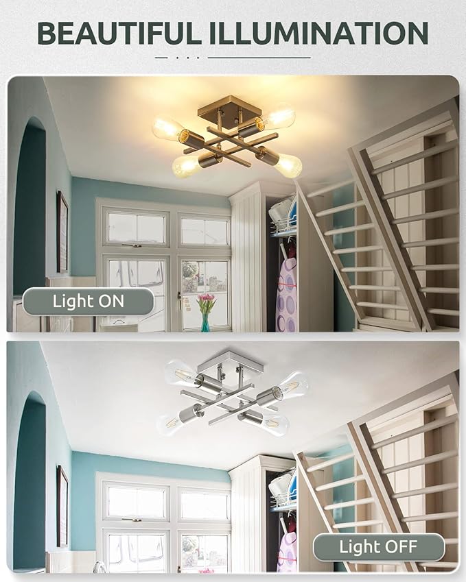 Industrial 4-Light Semi Flush Mount Ceiling Light Fixture, Modern Brushed Nickel Chandelier Lighting, Farmhouse E26 Base Sputnik Ceiling Lamp for Kitchen Bedroom Living Room Entryway, 2 Pack
